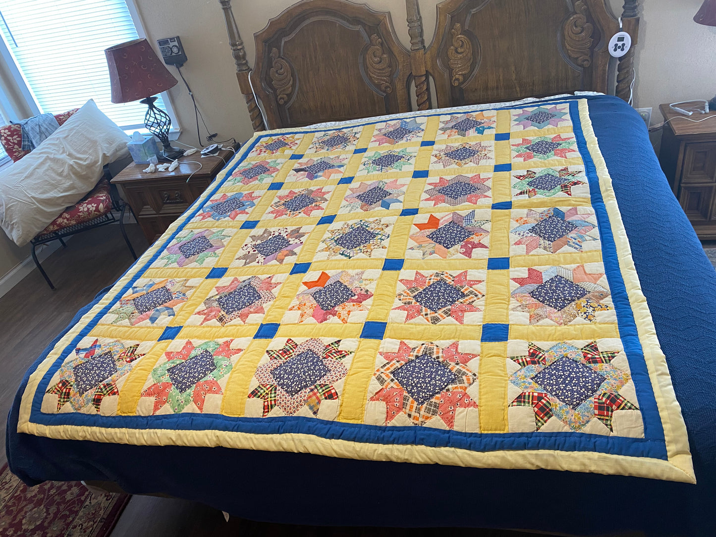 Queen Blue and Yellow Vintage Quilt (Free Shipping)