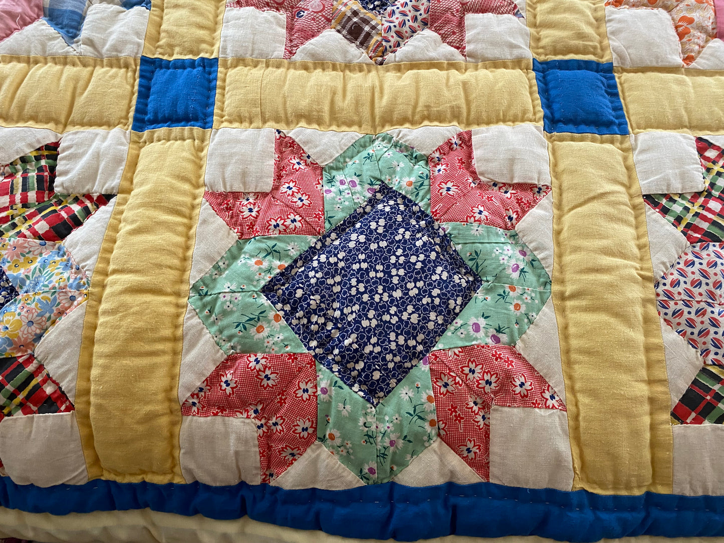 Queen Blue and Yellow Vintage Quilt (Free Shipping)