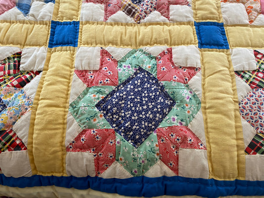 Queen Blue and Yellow Vintage Quilt (Free Shipping)
