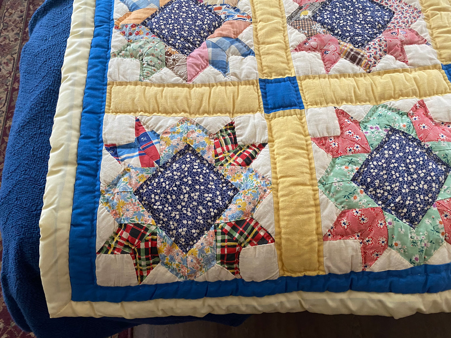 Queen Blue and Yellow Vintage Quilt (Free Shipping)