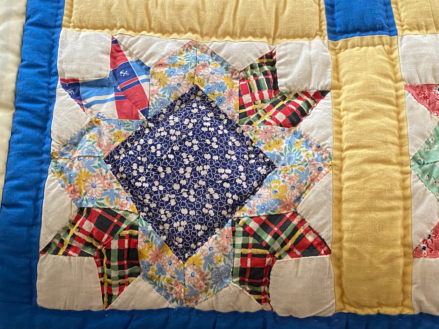 Queen Blue and Yellow Vintage Quilt (Free Shipping)